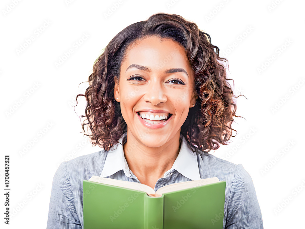Fototapeta premium A happy young woman in casual clothes smiles while holding books and a folder, ready for success in her education