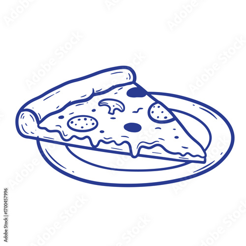 Simple illustration of a pizza slice with mushroom and pepperoni on a white plate