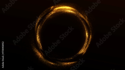 Golden glowing particle ring on dark background. Futuristic abstract circle with sparkling dust flow for cosmic, sci-fi and luxury digital visuals.