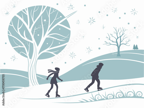 Minimalist winter ice skating scene, people silhouettes skating on frozen lake, cozy winter atmosphere, flat design, snowflakes