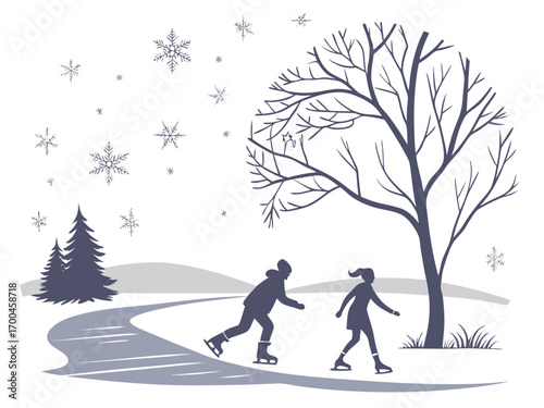Minimalist winter ice skating scene, people silhouettes skating on frozen lake, cozy winter atmosphere, flat design, snowflakes
