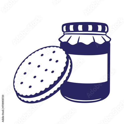 Simple vector illustration of a biscuit and a jar of preserves on a white background