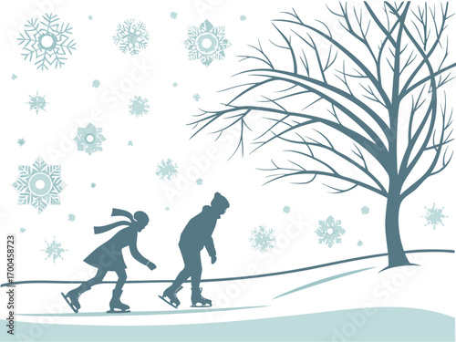 Minimalist winter ice skating scene, people silhouettes skating on frozen lake, cozy winter atmosphere, flat design, snowflakes