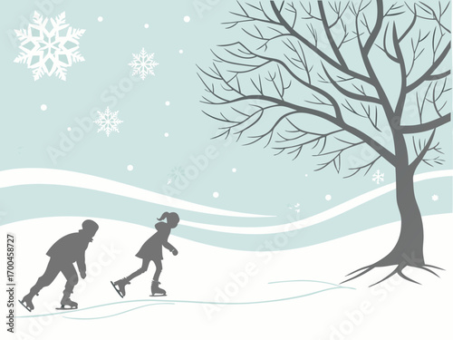 Minimalist winter ice skating scene, people silhouettes skating on frozen lake, cozy winter atmosphere, flat design, snowflakes