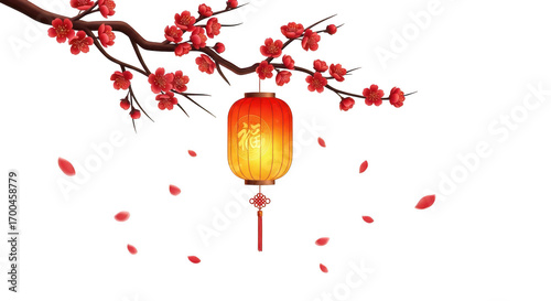 Chinese new year lantern with plum blossom isolated on transparent background