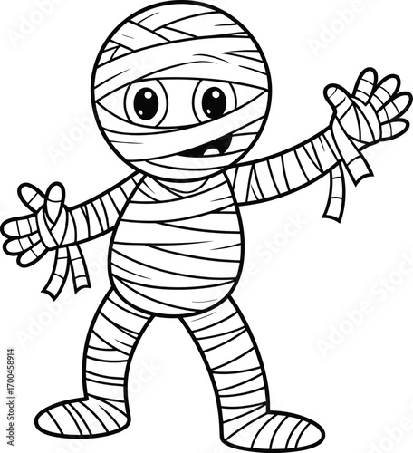 Cute cartoon mummy character illustration, wrapped in bandages, Halloween coloring page for kids, spooky fun, vector black outline