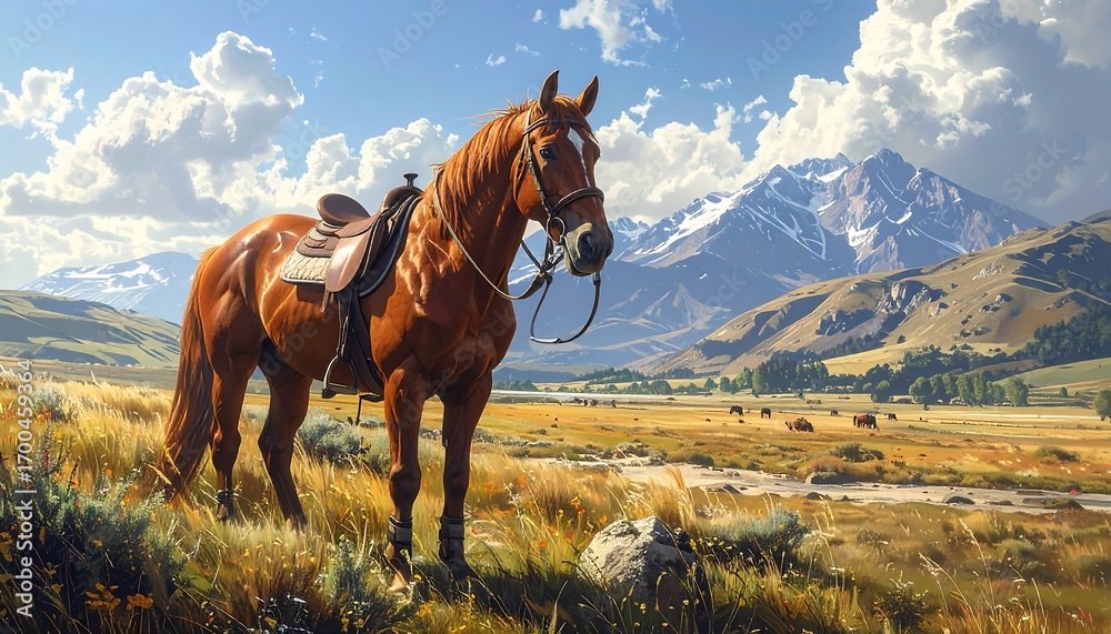 Obraz premium A majestic brown horse stands serenely in a sun-drenched meadow, overlooking a vast valley and snow-capped mountains. The warm colors and serene atmosphere create a tranquil and picturesque scene.