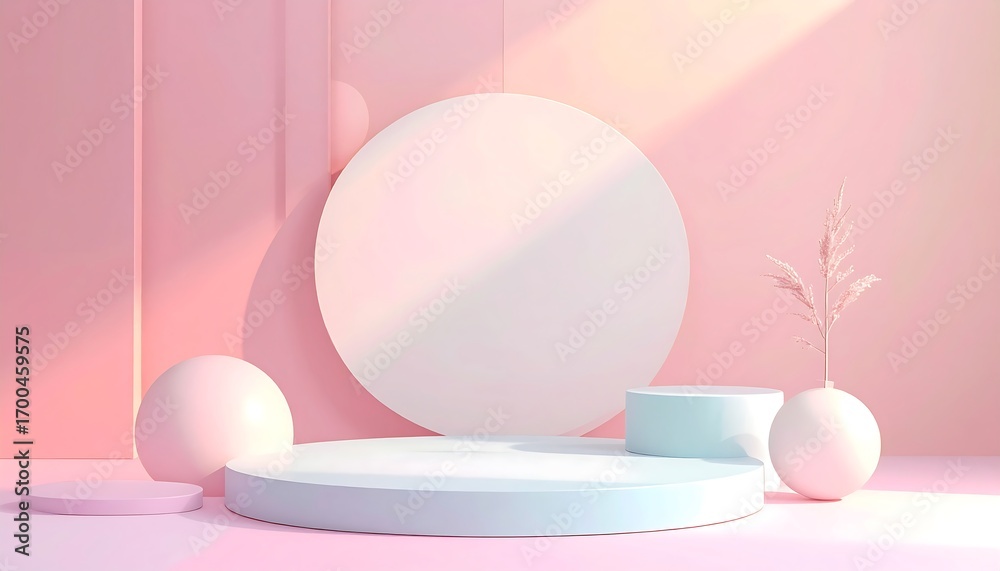 Fototapeta premium A soft, pastel pink and light blue minimalist scene features geometric shapes and a delicate plant, creating a serene and inviting aesthetic.