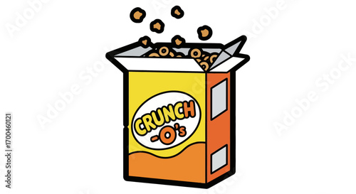 A vibrant cartoon illustration of a box of toasted oat ring breakfast cereal, symbolizing a fun and crunchy morning meal. Vector graphic of food packaging