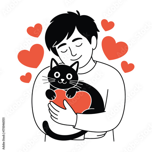 Heartwarming illustration of a man affectionately embracing his beloved black cat, surrounded by symbols of deep love and companionship.