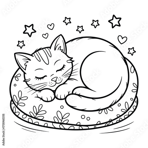 Adorable cartoon kitten sleeping on a pillow, a black and white outline for a children's coloring page