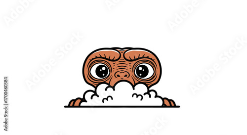 A curious cartoon alien with big, expressive eyes peeking over a fluffy white cloud. A cute and friendly extraterrestrial creature hiding and looking out with wonder on an isolated background