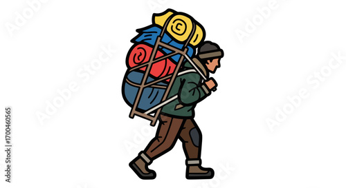 Illustration of a hiker carrying a large backpack on their shoulders, prepared for a challenging outdoor adventure