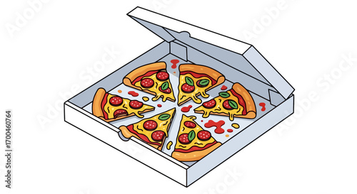 Delicious takeaway pepperoni pizza with fresh basil, sliced and ready to share in a delivery box. A classic Italian meal concept for fast food lovers