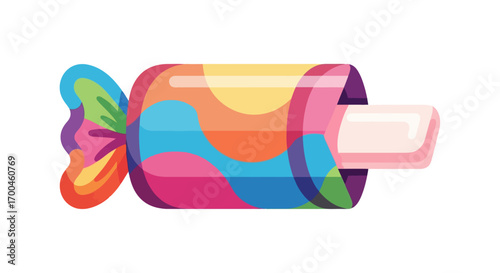 Colorful wrapped chewing gum or candy with a vibrant rainbow pattern isolated on a white background. Sweet confectionery in a bright, modern vector illustration style