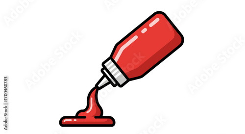 A vibrant red cartoon ketchup bottle icon squeezing out a dollop of fresh tomato sauce on a clean white background