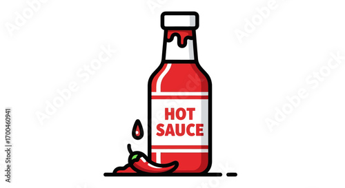 Illustrated red bottle of hot sauce with a dripping condiment and a single chili pepper. Vector graphic representing spicy flavor, seasoning, and culinary heat