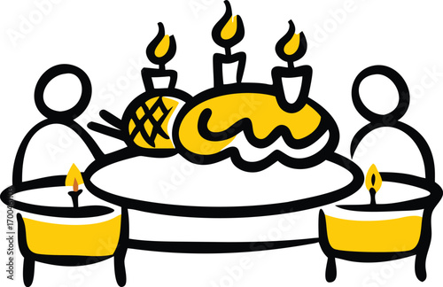 An adorable cartoon vector illustration of a tasty strawberry pie dessert with whipped cream and cherries is perfect for a birthday party celebration