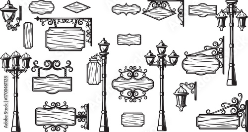 Vintage street lamps and wooden signs vector art, a collection of classic urban elements.