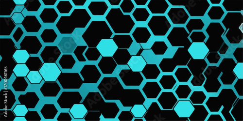 Abstract blue geometric pattern of hexagons and squares with a modern technology feel
