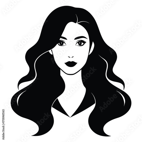 Elegant Woman Portrait with Long Wavy Hair in Black and White Illustration Style