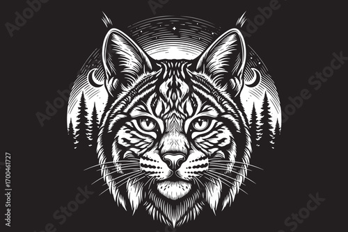Detailed monochrome illustration of a lynx head with forest and moon in the background, creating a captivating and mystical wildlife scene vector illustration