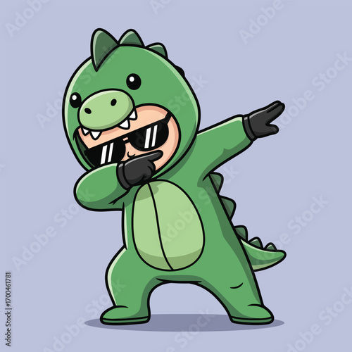 A cute cartoon dinosaur costume character doing the dab dance move with sunglasses on.