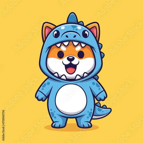Cartoon Shiba Inu dog dressed in a blue dinosaur costume with a happy expression.