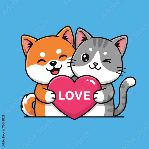 A cute cartoon Shiba Inu dog and a gray tabby cat hugging a pink heart with the word "LOVE" written on it, against a solid blue background.