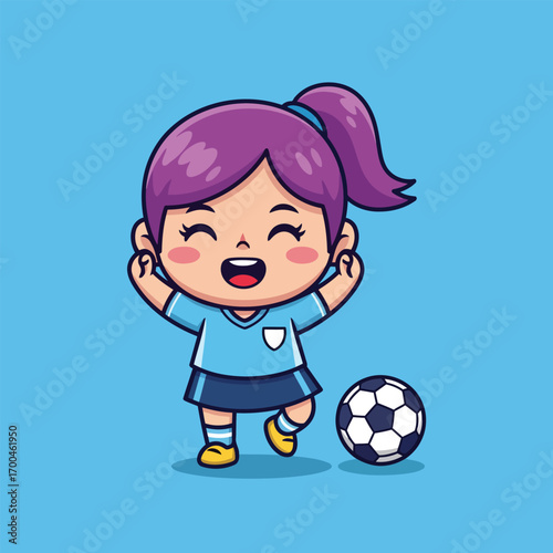 Happy cartoon girl with purple hair in a soccer uniform celebrating next to a soccer ball on a blue background, depicting joy and sport.