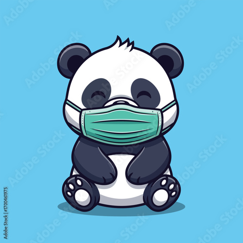 Cartoon panda wearing a face mask, sitting against a light blue background, eyes closed.