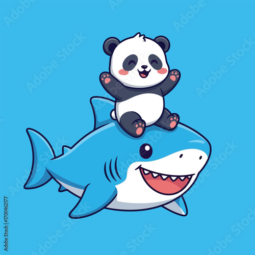 A cute panda bear joyfully riding on the back of a friendly cartoon shark.