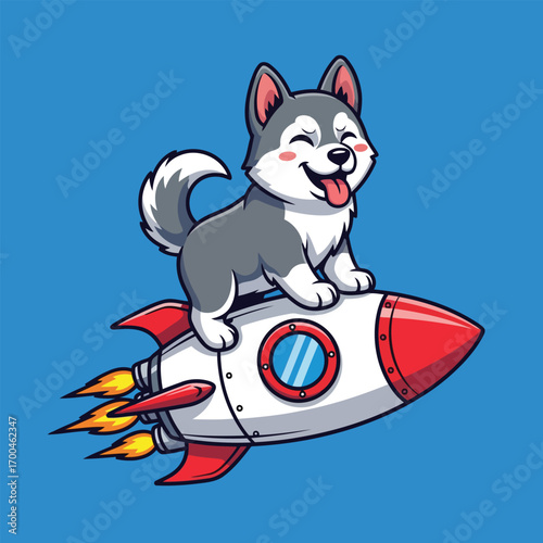 A cute cartoon husky puppy joyfully riding a rocket ship through a bright blue sky with flames coming out of the engine.