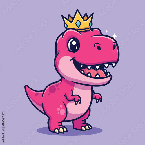 A cute pink Tyrannosaurus Rex wearing a golden crown, smiling happily with sharp teeth.