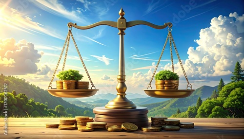 A golden scale of justice balances monetary value against a lush natural landscape.