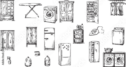 Hand-Drawn Home Appliances and Furniture Vector Art.