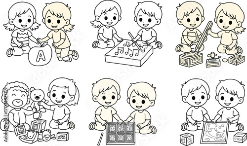 Cute kids playing educational games together, learning letters, music, shapes, and puzzles, teamwork, creativity, early childhood development, fun learning activities.