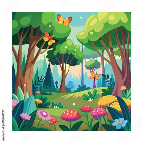 Cartoon Forest Glade with Butterflies Artwork