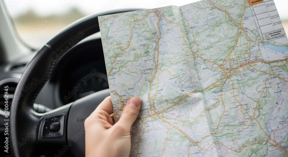 Obraz premium Man holding a physical paper map inside a car. Navigation and travel planning for road trips. Driving direction guidance.