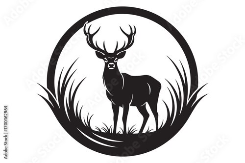 An elegant deer silhouette within a circular frame, isolated on white background, surrounded by grass, evoking a sense of nature and serene wildlife vector illustration