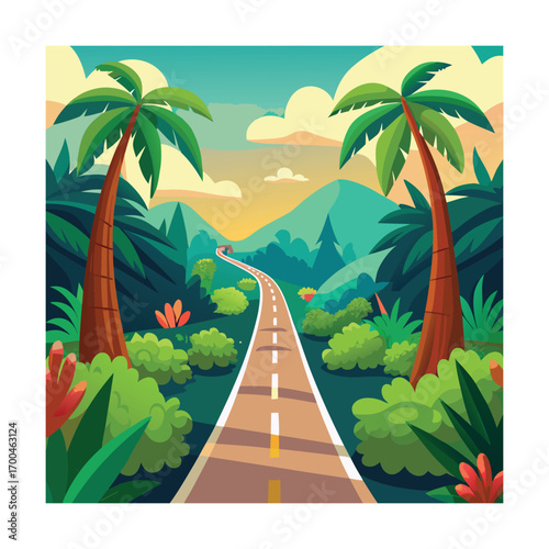 Cartoon Narrow Road into Tropical Forest