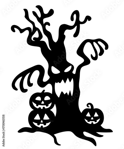 Scary Halloween tree with pumpkins silhouette for window sticker or spooky figurine decoration