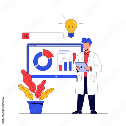 Illustration of scientist analyzing data on computer screen with lightbulb idea