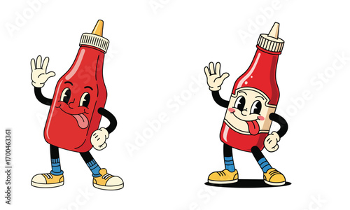 Set of Funny Cartoon Hot Sauce Bottles with Different Expressions
