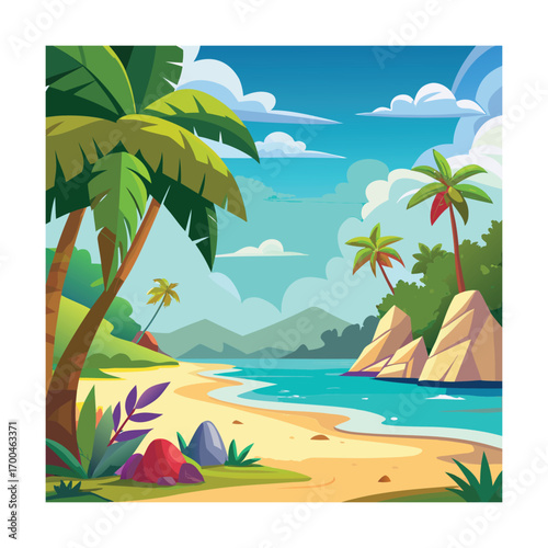 Cartoon Sunny Tropical Beach Forest Artwork