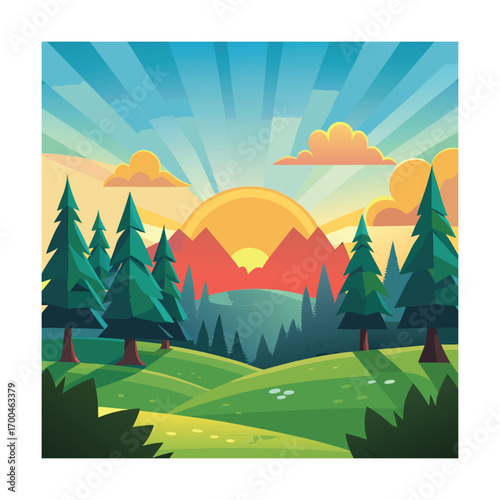 Cartoon Sunrise Over Forest Glade Design