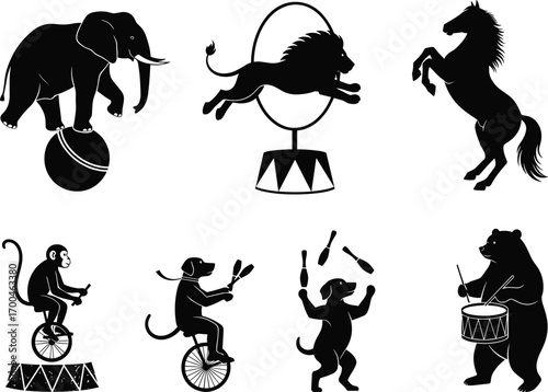 Circus animal silhouette vector set, elephant on ball, lion jumping hoop, monkey unicycle, dog juggling, bear drumming, horse rearing pose