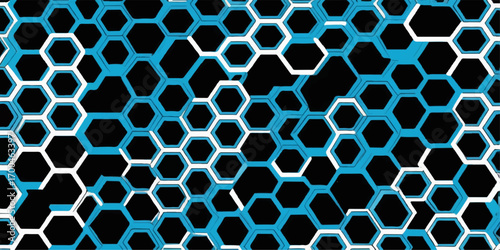 Seamless vector wallpaper of a blue geometric hexagonal honeycomb texture pattern with a 3D metal grid design on a black backdrop