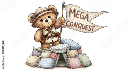 Teddy bear adventurer standing on pillow fort holding mega conquest flag with a safari hat and outfit