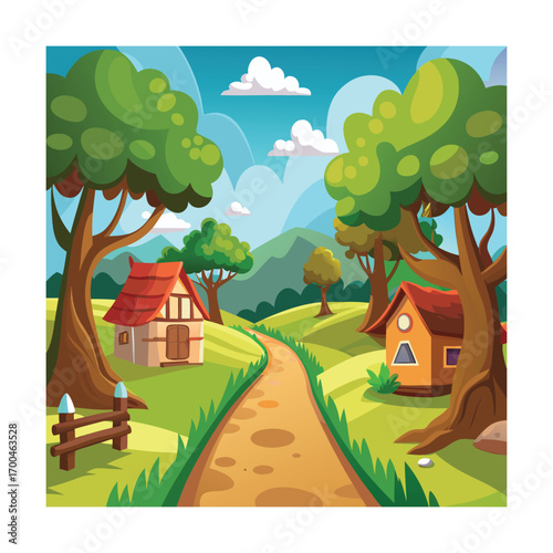 Cartoon Village Path Surrounded by Trees Artwork